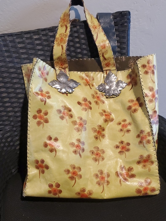 Handbags - Leather Tote Bag with Silver Leaf Accent
